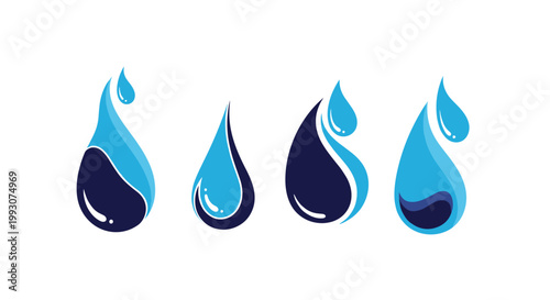 Four different blue water drop icons displayed in various styles including solid and gradient colors representing liquid or hydration.
