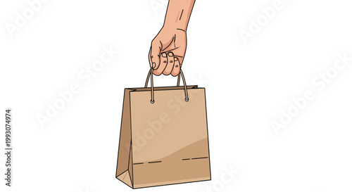 Hand holding a brown paper shopping bag with handles illustrated in a simple vector style isolated on a clean white background.