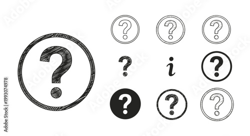 Large collection of question mark icons in various styles and weights including hand drawn and bold versions for help and support menus.