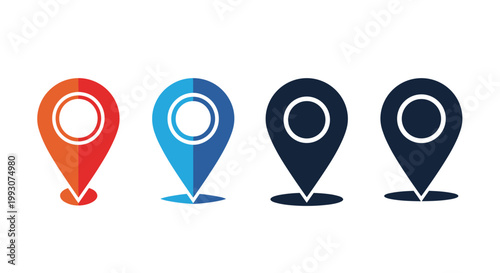 Four map pin icons in different colors like orange blue and dark gray used for location markers and destination points on digital maps.