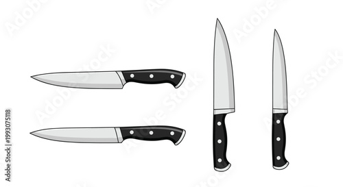 set of professional kitchen chef knives shown in both horizontal and vertical positions with black handles and steel blades.