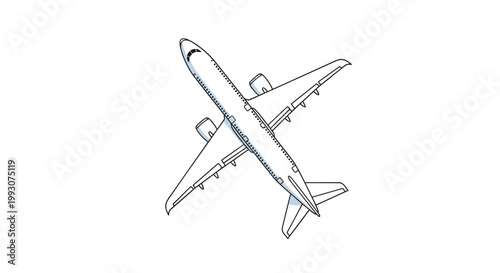 top down view of a commercial passenger airplane with large wings and engines flying against a plain white background.