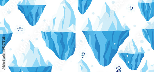 Seamless iceberg pattern with floating ice mountains and snowflakes, winter arctic illustration in flat style for background, textile and cold nature design