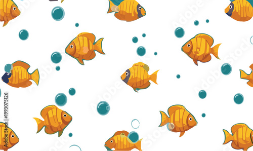 Seamless fish pattern with colorful tropical fish and bubbles, underwater ocean illustration in flat style for textile, wallpaper and marine design