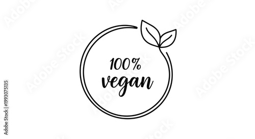 one hundred percent vegan badge featuring a hand drawn circle and leaves in a clean black and white minimalist style.