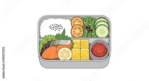 Hand drawn illustration of a Japanese bento box with salmon and vegetables.