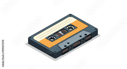 retro analog audio cassette tape shown from an isometric perspective with a grey plastic casing and orange label.