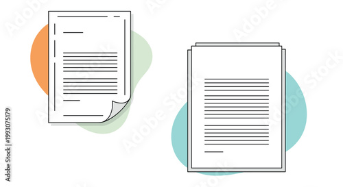 pair of paper document icons with text lines shown with colored background shapes in a modern flat design style.