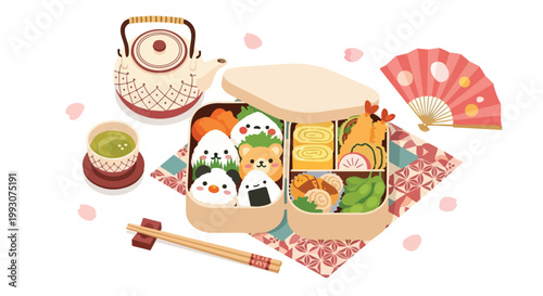 Kawaii Japanese Bento Box Lunch with Onigiri and Green Tea.