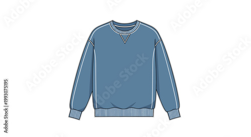 Fotografie Flat technical drawing of a classic blue long-sleeved sweatshirt with ribbed cuffs and hem, featuring a V-neck detail and white outline stitching
