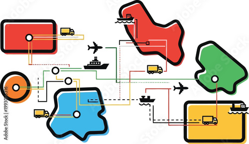 Global logistics network infographic with shipping and transport icons