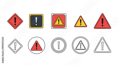 assortment of ten warning and attention icons featuring exclamation marks in different geometric shapes and styles.