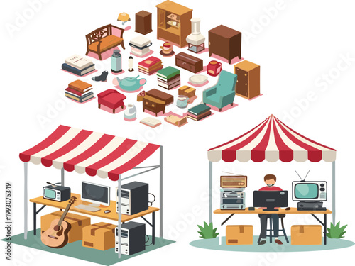 Vintage market and garage sale illustration set with old furniture, electronics and street stalls, retro flat vector collection for second hand shop and flea market design