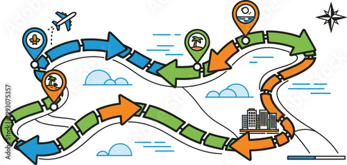 Travel itinerary map with plane icon and destination path vector illustration