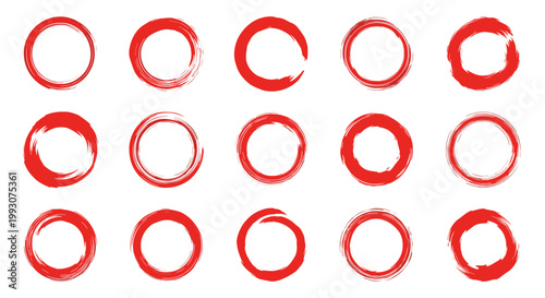 large collection of fifteen red circular brush strokes showing various textures and patterns for artistic decoration.