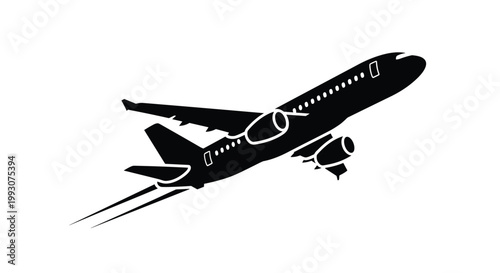 Black silhouette of a commercial airplane taking off against a white background, symbolizing travel, aviation, and transportation.