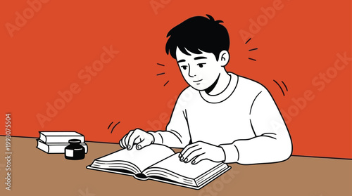 Young student diligently studying a book with an inkwell and stack of
