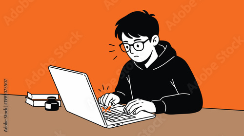 Young student wearing glasses concentrating on laptop with books and i