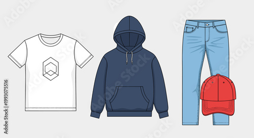 Quadro em tela A flat lay illustration showcasing a white t-shirt with a geometric logo, a navy blue hooded sweatshirt with a front pocket, light blue denim jeans, and a red baseball cap