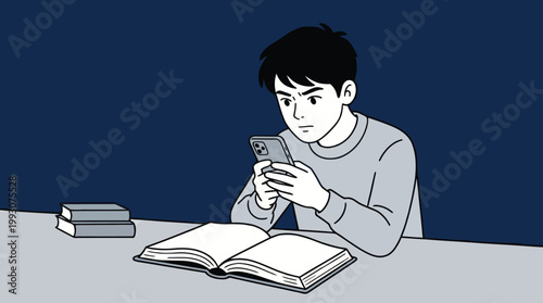 Young person distracted by smartphone while studying with books modern