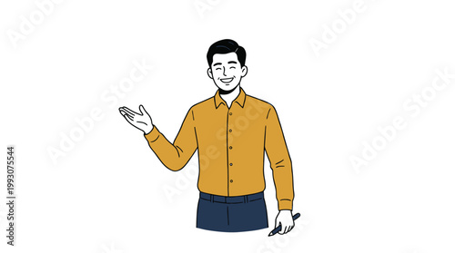 Smiling man in yellow shirt and blue pants presenting with hand gestur
