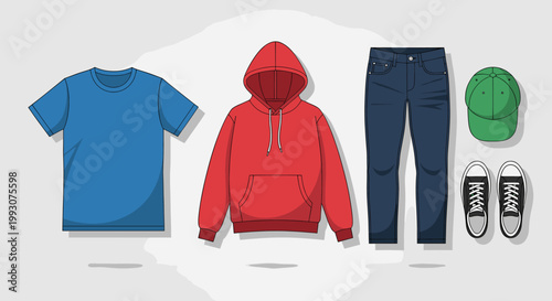 A flat lay collection of casual clothing and accessories, including a blue t-shirt, red hoodie, denim jeans, green baseball cap, and black sneakers, arranged on a light gray background.