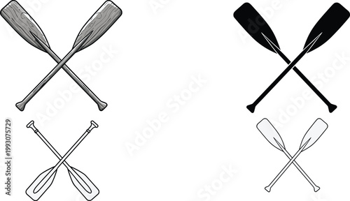 Crossed Paddle Icon Set Featuring Canoe and Kayak Oars in Outline and Silhouette Styles for Water Sports Adventure, Rowing, Boating, and Outdoor Recreation Designs