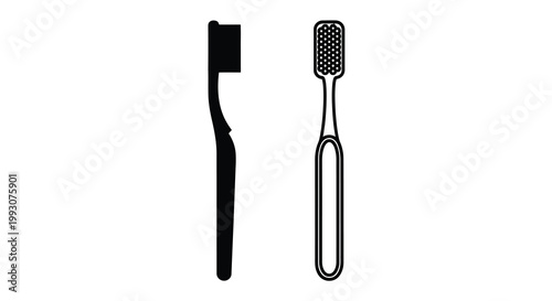 Two toothbrushes depicted in a stark black graphic silhouette