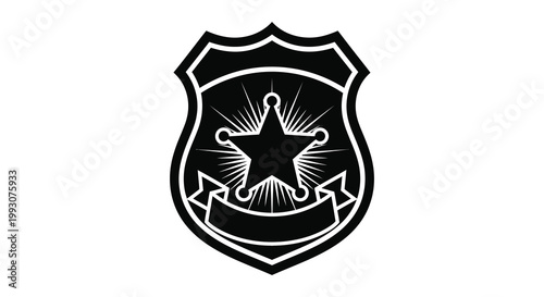 A black badge with a starburst design and ribbon banner a stark silhouette