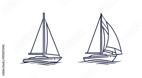 Elegant line drawings of two sailboats cruising on waves representing nautical travel, sailing sports, and summer vacation activities.