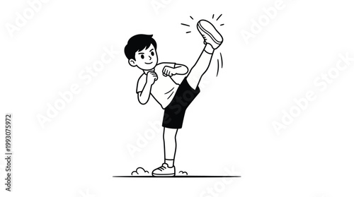 Cute cartoon boy performing a high kick dynamic action isolated on whi
