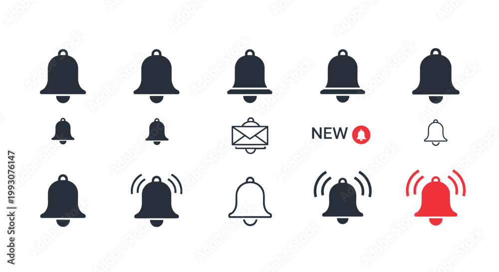 Fototapeta premium Collection of notification bell icons in different styles including solid, outline, and vibrating versions for alerts and messages.