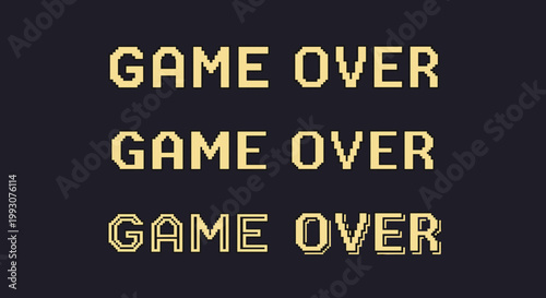 Pixelated game over text displayed in three different retro digital styles on a dark background for video game and arcade themes.