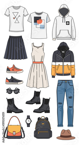 A flat lay collection of trendy casual clothing and accessories for men and women, including t-shirts, skirts, dresses, hoodies, jackets, jeans, shoes, boots, bags, sunglasses, and hats.