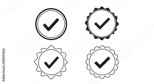Four different checkmark seal and badge designs with various decorative borders representing quality, approval, and certified products.