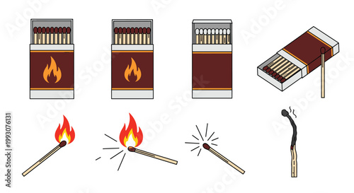 Selection of matchstick icons including an open box, a freshly lit match with a flame, a glowing match, and a burnt out charcoal stick.