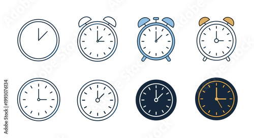Comprehensive set of clock icons in various styles such as simple wall clocks and classic twin bell alarm clocks for time management.