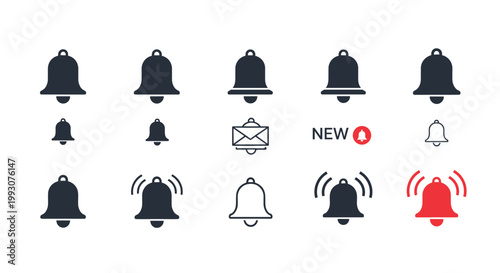 Collection of notification bell icons in different styles including solid, outline, and vibrating versions for alerts and messages.