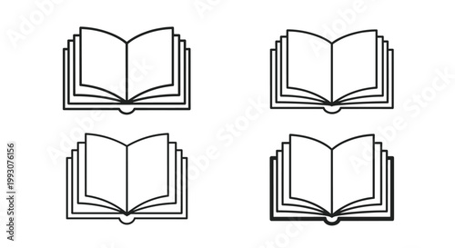 Four identical icons of an open book with visible pages and a simple outline representing reading, literature, education, and study.