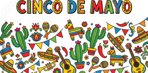 Cinco de Mayo Fiesta Banner with Mexican Icons and Colorful Decorations