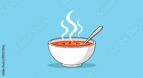 Bowl of delicious steaming hot tomato soup with a spoon against a bright blue background representing a warm and comforting meal.