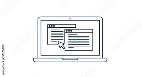 Outline drawing of a laptop computer screen displaying two overlapping browser windows and a mouse cursor for internet technology.