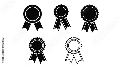 Five different award ribbon and medal icons in solid black and outline styles representing achievement, competition, and victory.