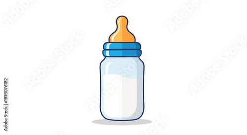 Illustration of a baby feeding bottle filled with white milk and a yellow nipple for newborn care, parenting, and infant nutrition.
