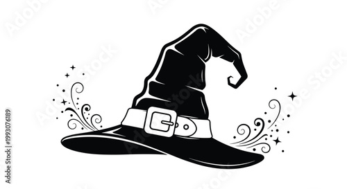Detailed black and white illustration of a classic witch hat surrounded by magical sparkles and swirls for Halloween and fantasy themes.