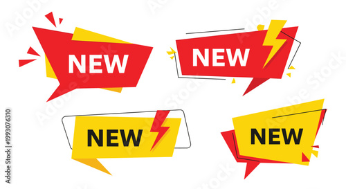 Selection of four bright promotional labels with the word new in red and yellow colors for marketing sales and product launches.