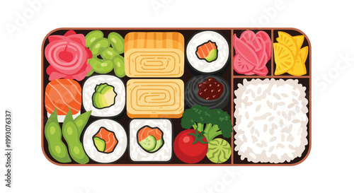 Top view of a Japanese bento box with assorted sushi and side dishes.