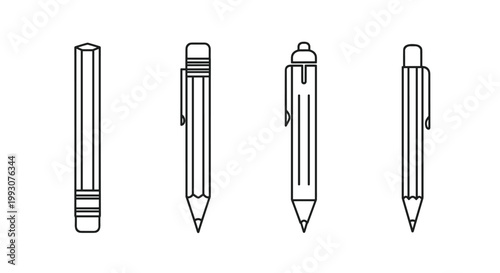 Set of four different writing instrument icons including pencils and mechanical pens for stationery, drawing, and office supplies.