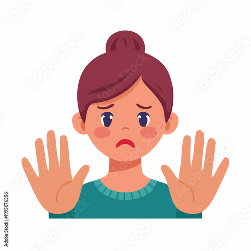 Woman with sad expression holding hands up in stop gesture