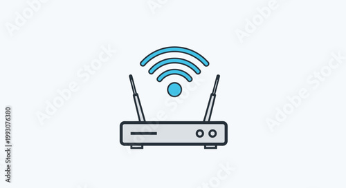 Wireless router device emitting internet signal waves is shown as a simple icon with two antennas and indicator lights.